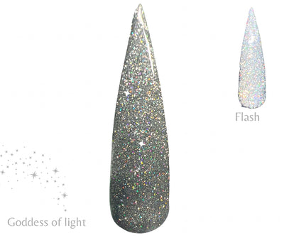 Goddess of light is a diamond glitter with a silver and holographic hue