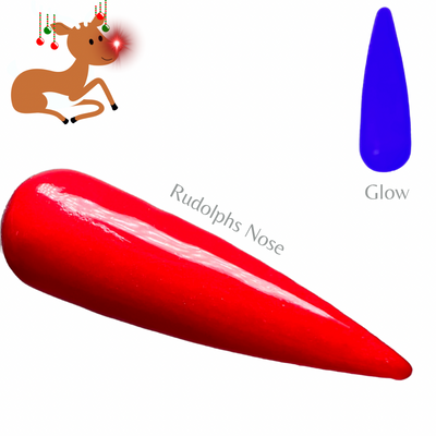 Rudolph’s nose is a rep red dip powder that glows purple